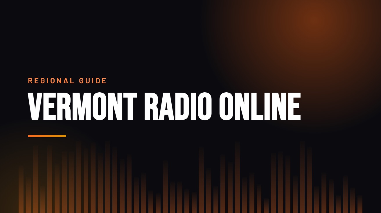 Title card for the guide: Vermont Radio Online, in amber on black with an equaliser motif