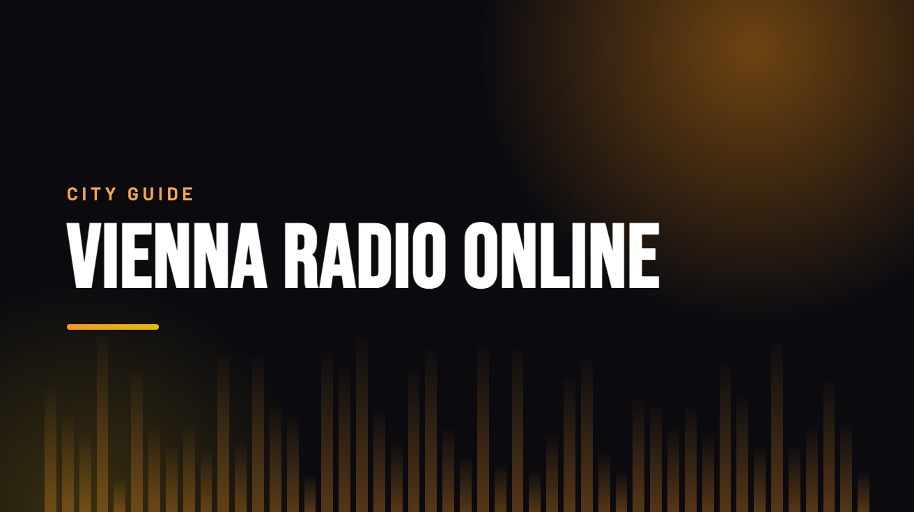 Title card for the guide: Vienna Radio Online, in amber on black with an equaliser motif