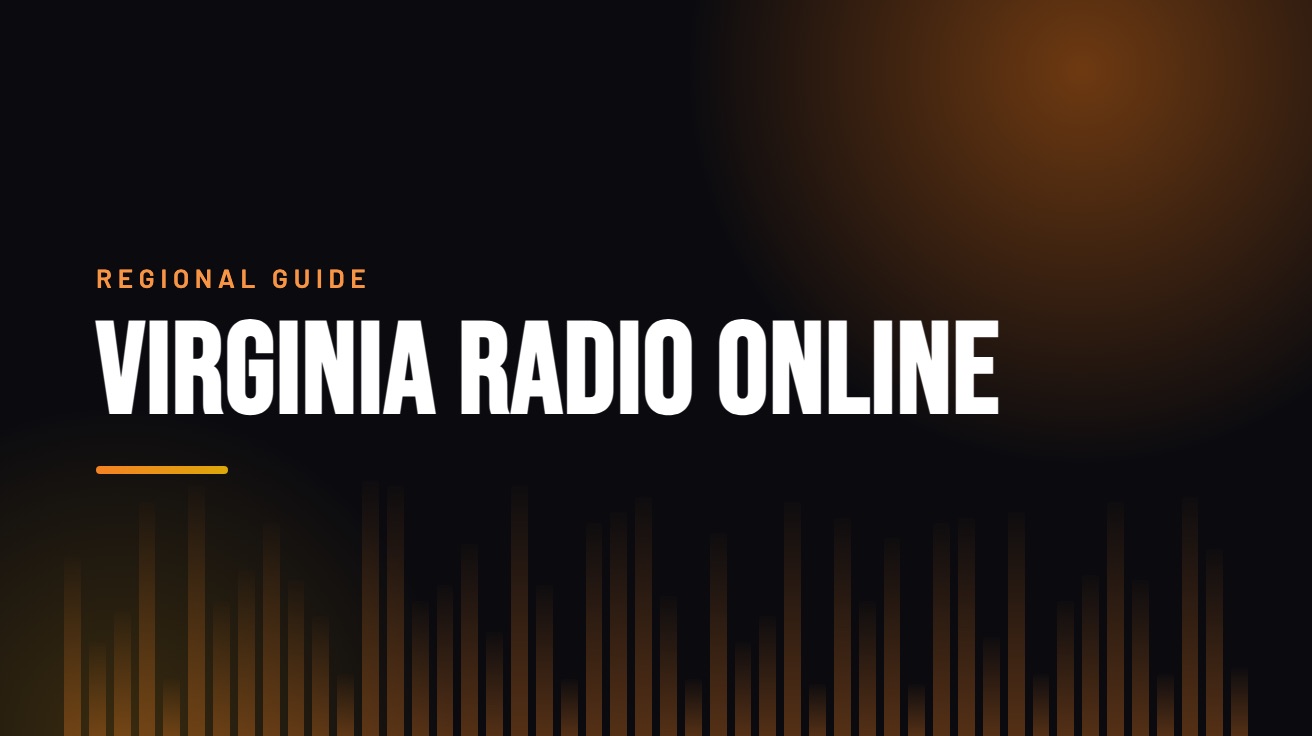 Title card for the guide: Virginia Radio Online, in amber on black with an equaliser motif
