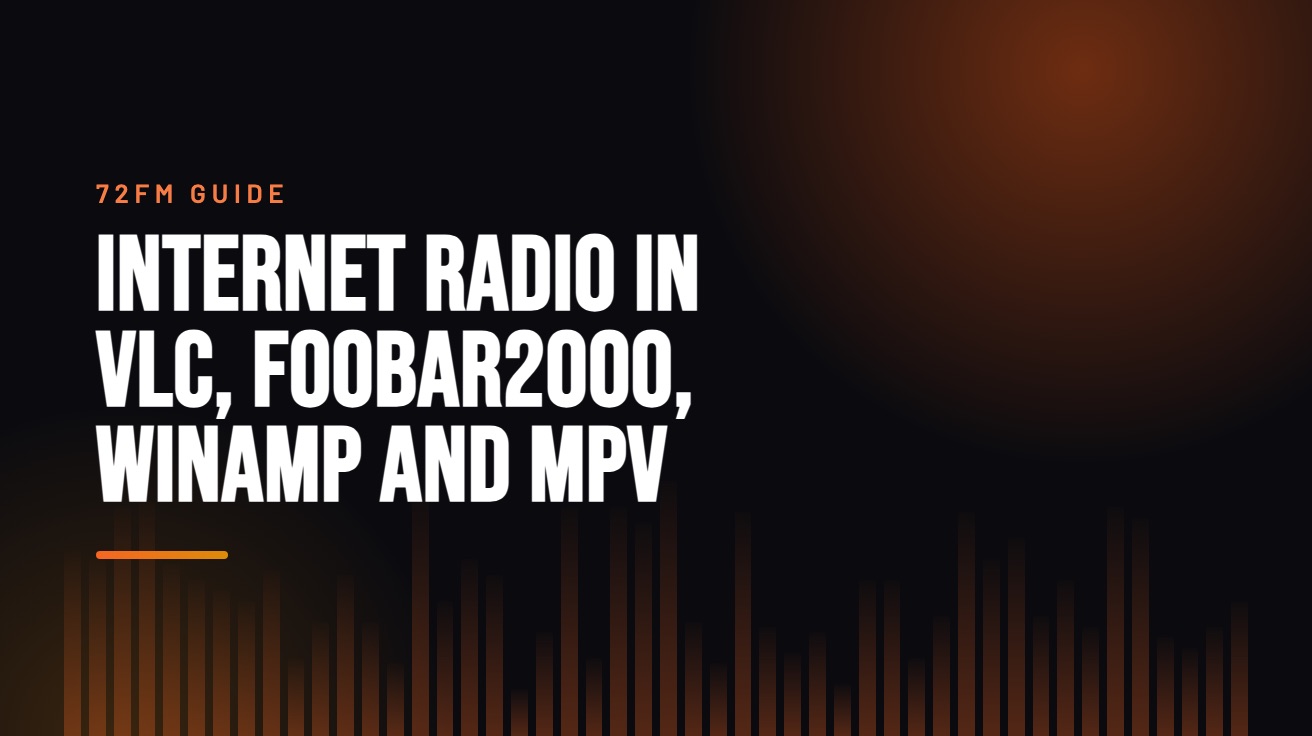 Title card for the guide: How to Listen to Internet Radio in VLC, foobar2000, Winamp and mpv, in amber on black with an equaliser motif