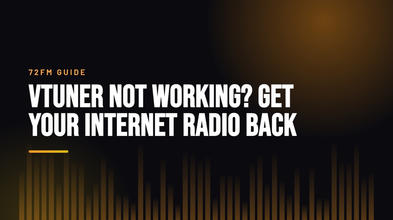 Title card for the guide: vTuner Not Working? How to Get Internet Radio Back on Your Receiver, in amber on black with an equaliser motif