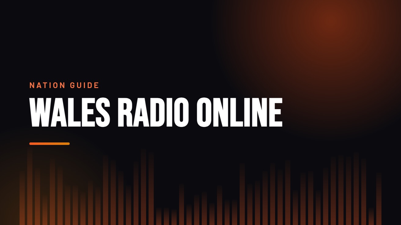 Title card for the guide: Wales Radio Online, in amber on black with an equaliser motif