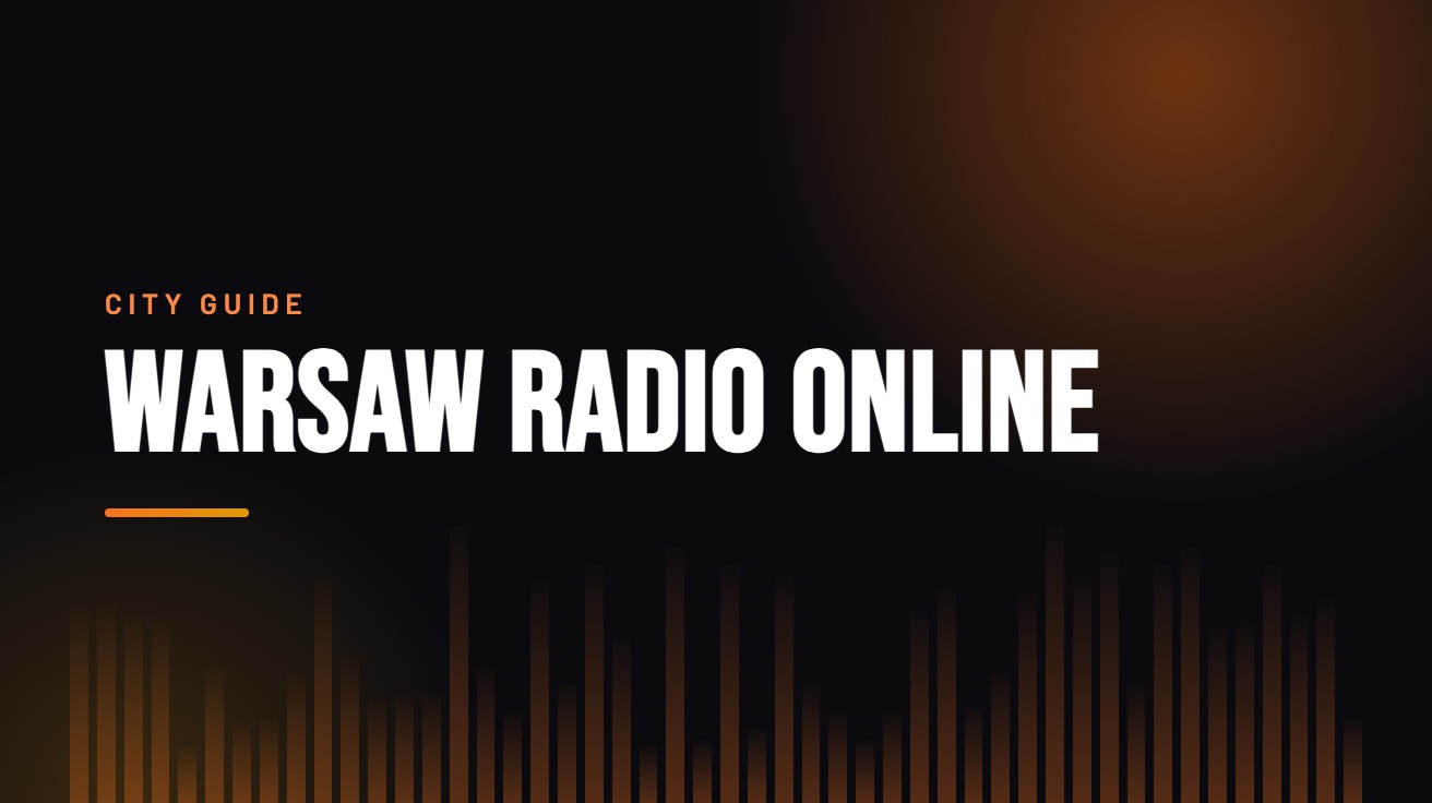 Title card for the guide: Warsaw Radio Online, in amber on black with an equaliser motif