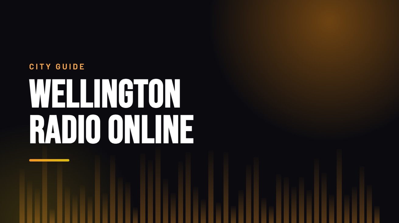 Title card for the guide: Wellington Radio Online, in amber on black with an equaliser motif