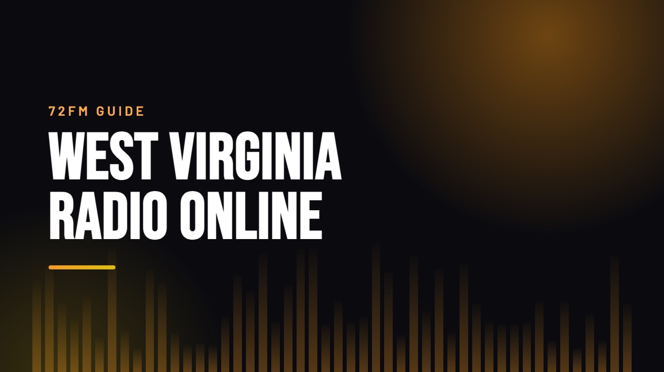 Title card for the guide: West Virginia Radio Online, in amber on black with an equaliser motif
