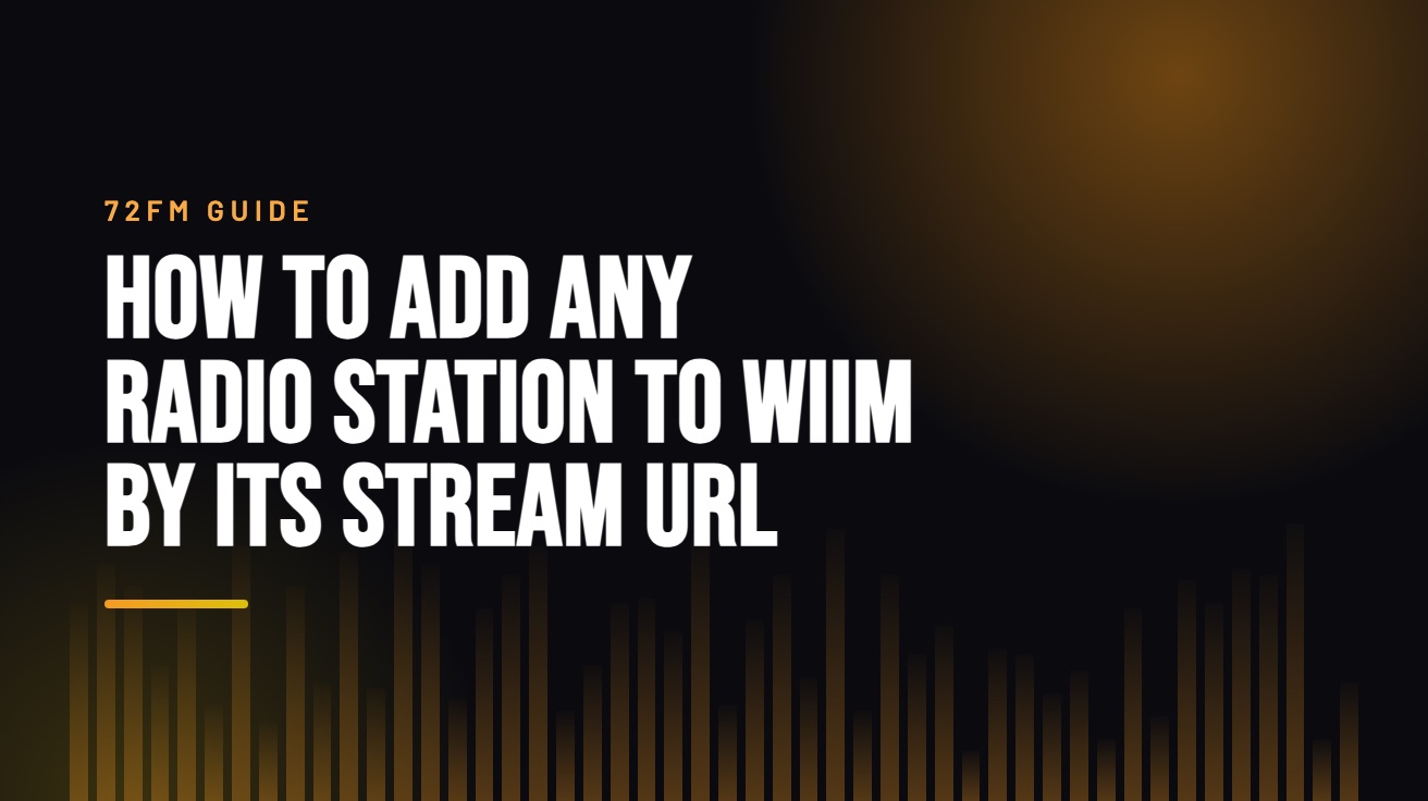 Title card for the guide: How to Add Any Radio Station to WiiM by Its Stream URL, in amber on black with an equaliser motif