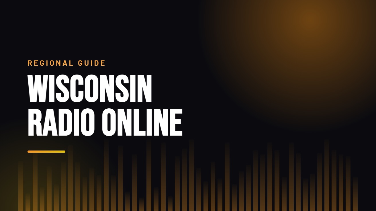 Title card for the guide: Wisconsin Radio Online, in amber on black with an equaliser motif