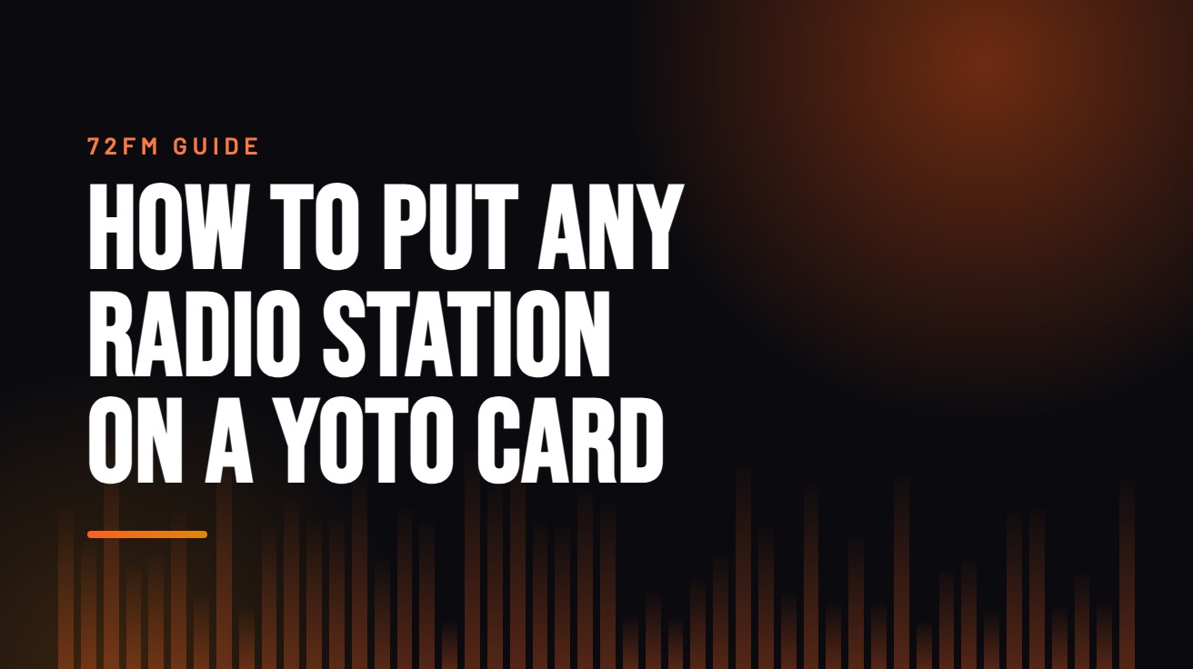 Title card for the guide: How to Put Any Radio Station on a Yoto Card, in amber on black with an equaliser motif