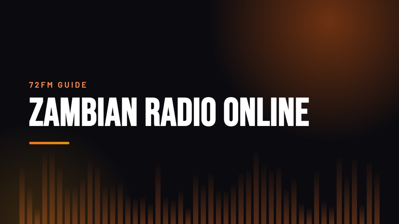 Title card for the guide: Zambian Radio Online, in amber on black with an equaliser motif