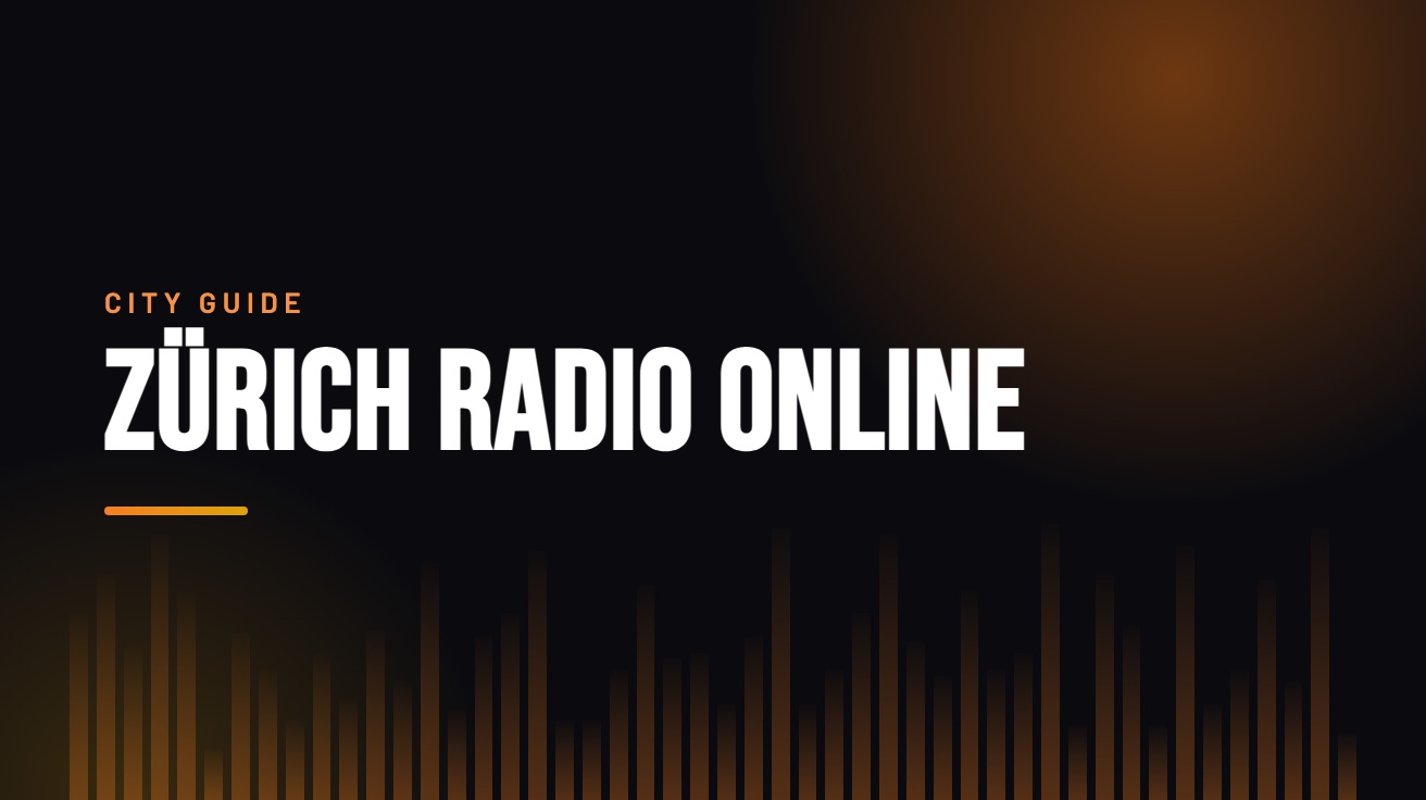 Title card for the guide: Zürich Radio Online, in amber on black with an equaliser motif